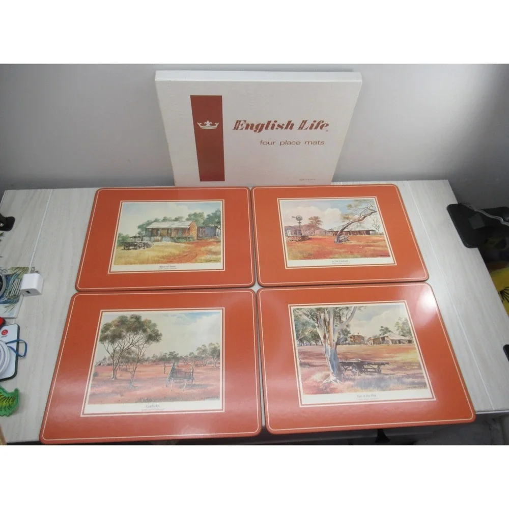 English Life Set 4 Cork Backed Placemats Wheels Australia Made England vintage